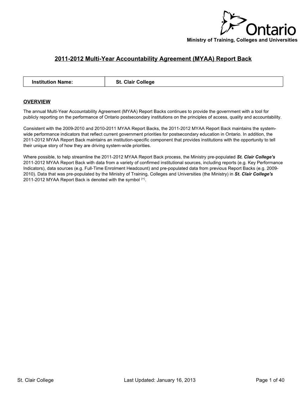 2011-2012 Multi-Year Accountability Agreement (MYAA) Report Back