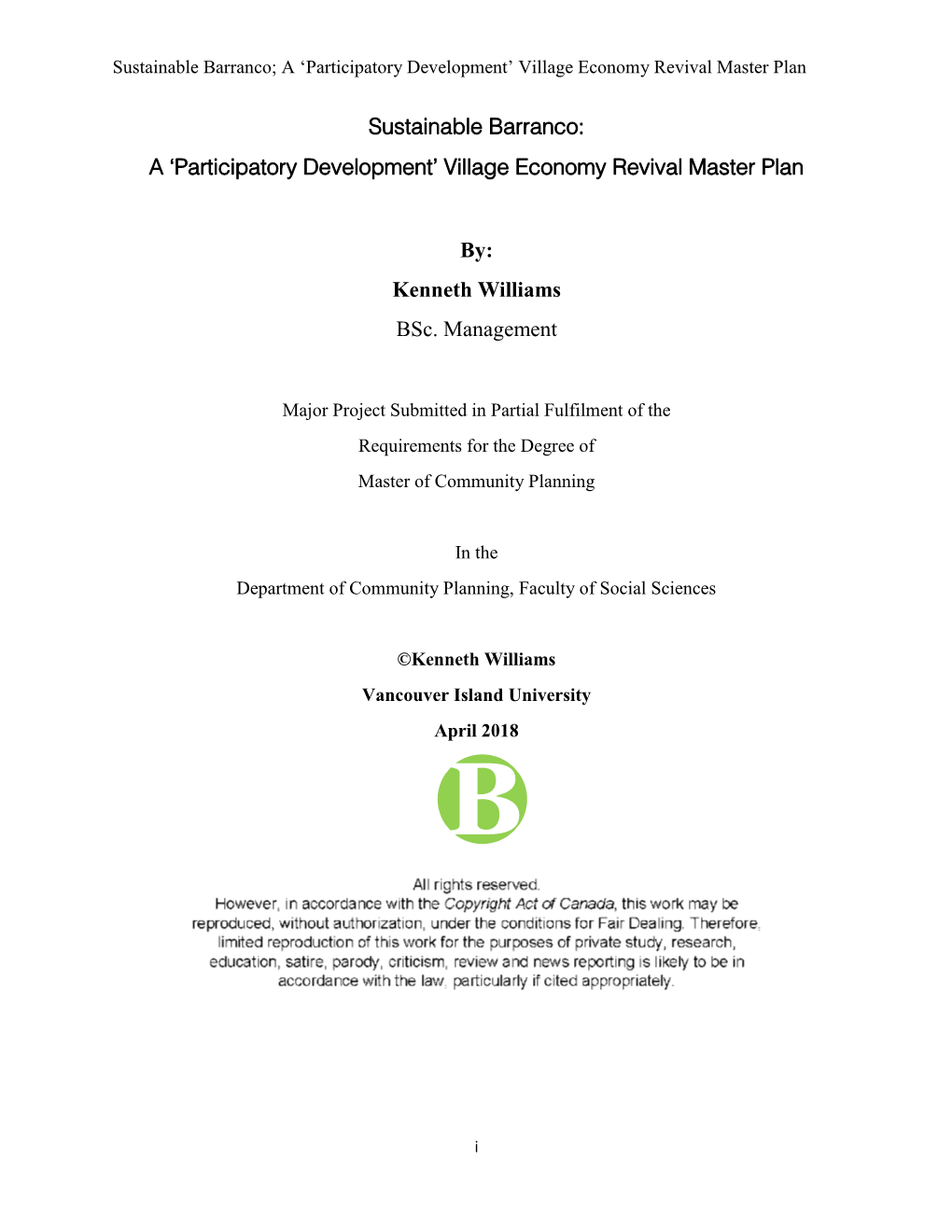 Sustainable Barranco; a ‘Participatory Development’ Village Economy Revival Master Plan