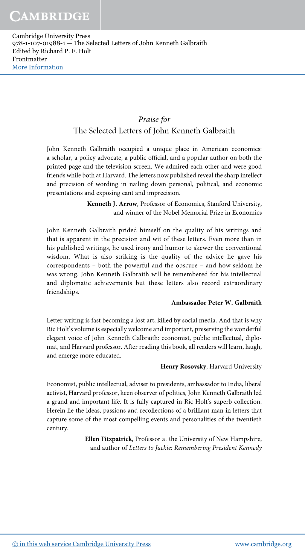 Praise for the Selected Letters of John Kenneth Galbraith