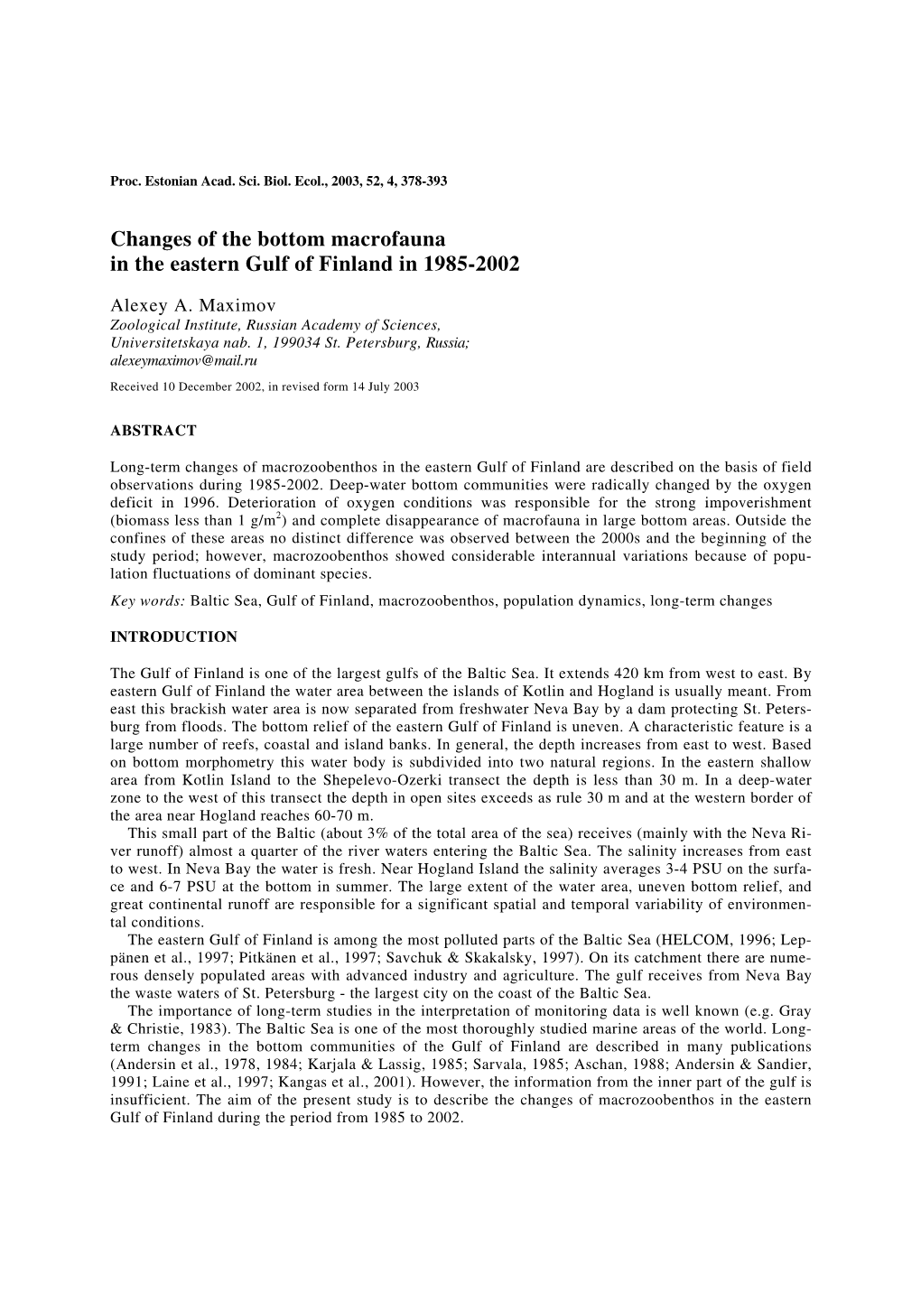 Changes of the Bottom Macrofauna in the Eastern Gulf of Finland in 1985-2002