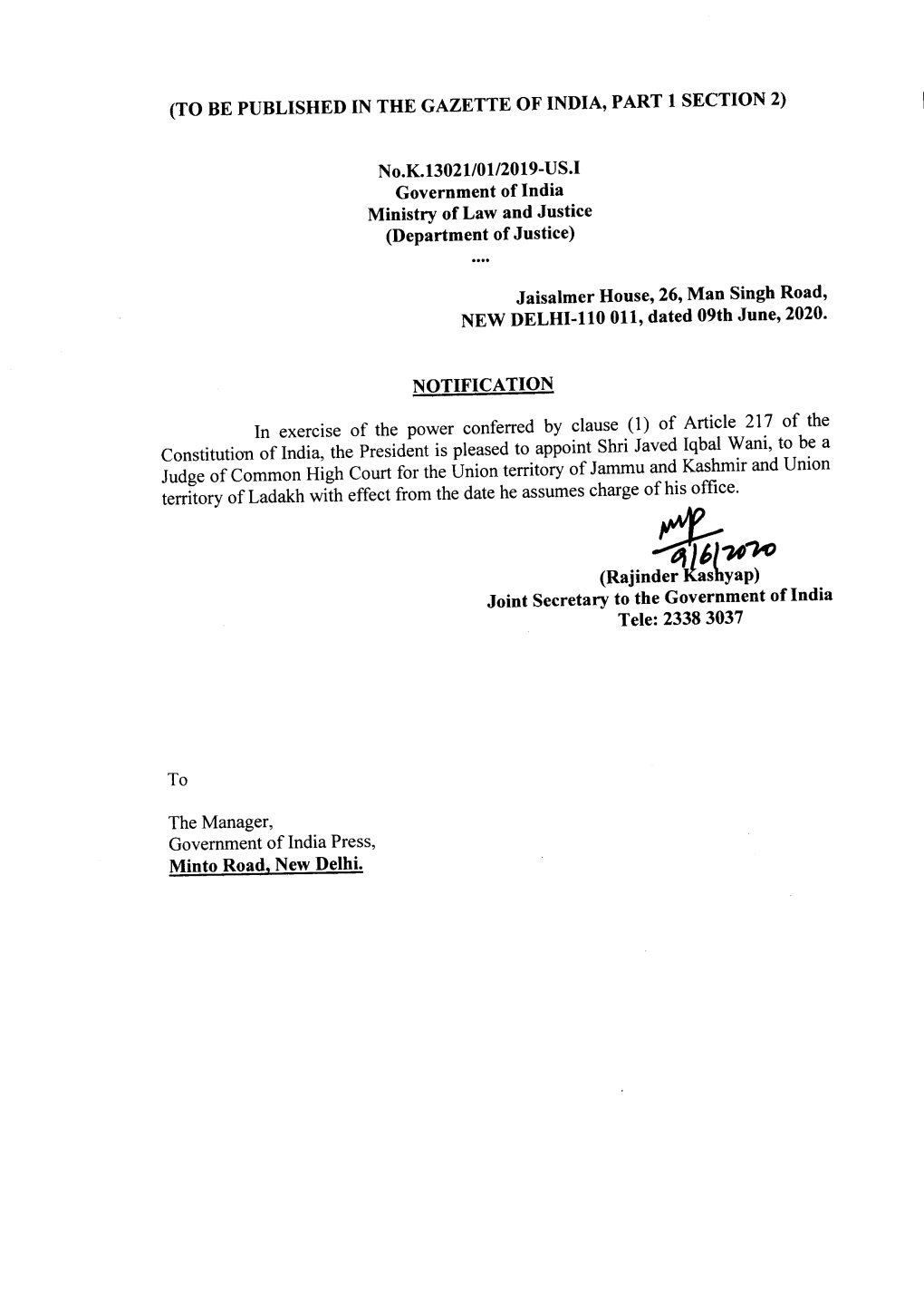 Orders of Appointment of Shri Javed Iqbal Wani