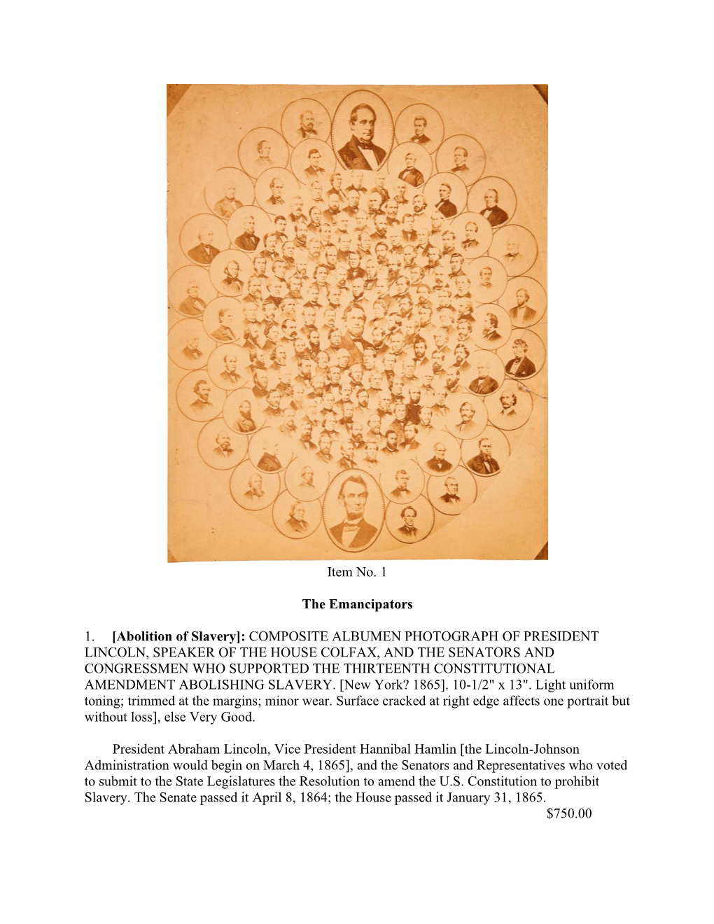 [Abolition of Slavery]: COMPOSITE ALBUMEN PHOTOGRAPH of PRESIDENT LINCOLN, SPEAKER of the HOUSE