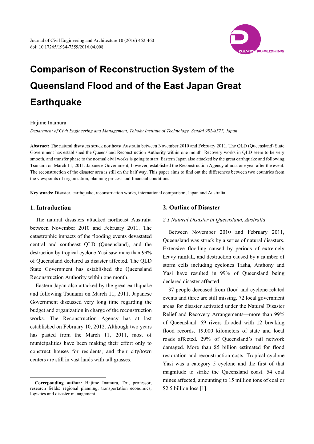Comparison of Reconstruction System of the Queensland Flood and of the East Japan Great Earthquake