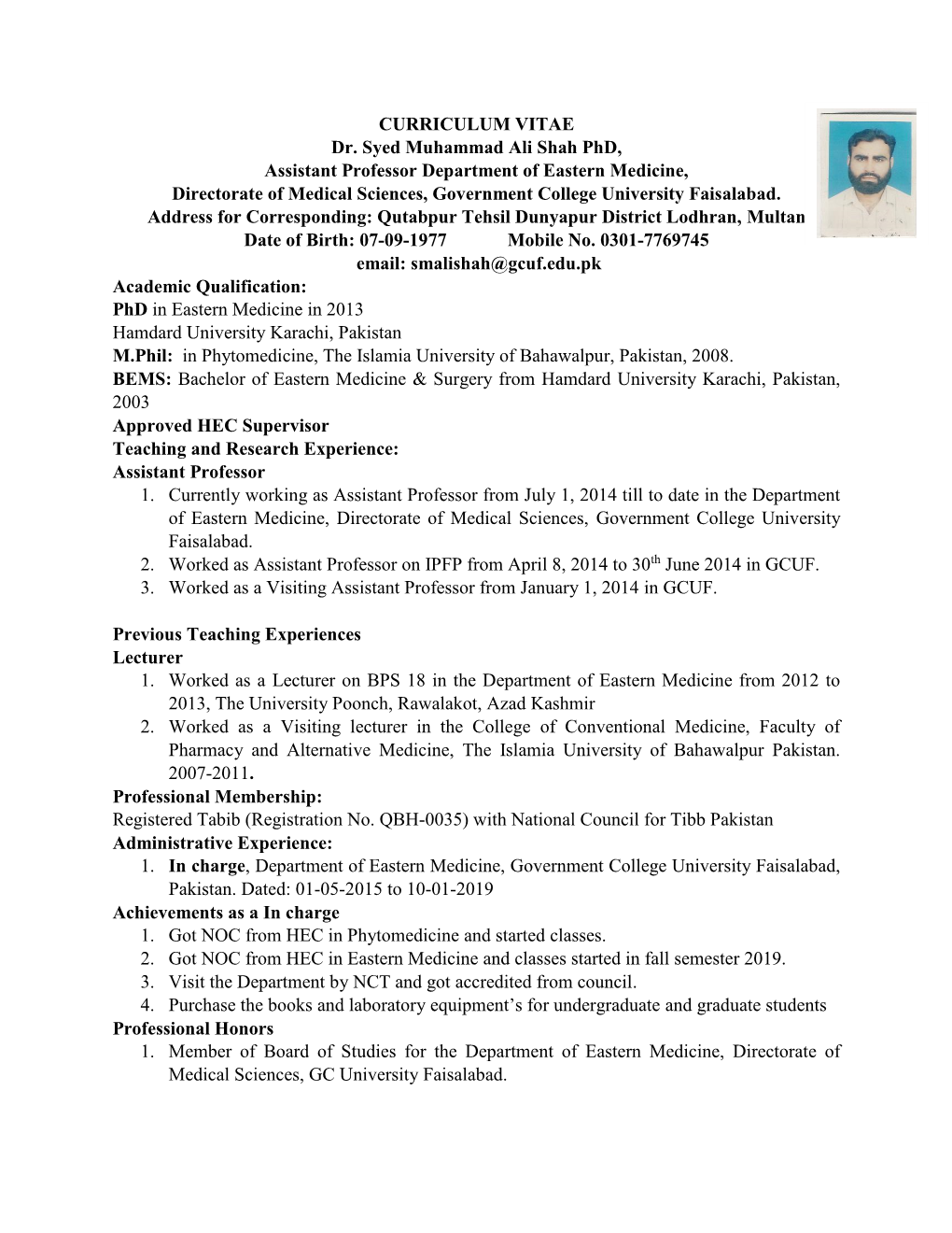 CURRICULUM VITAE Dr. Syed Muhammad Ali Shah Phd