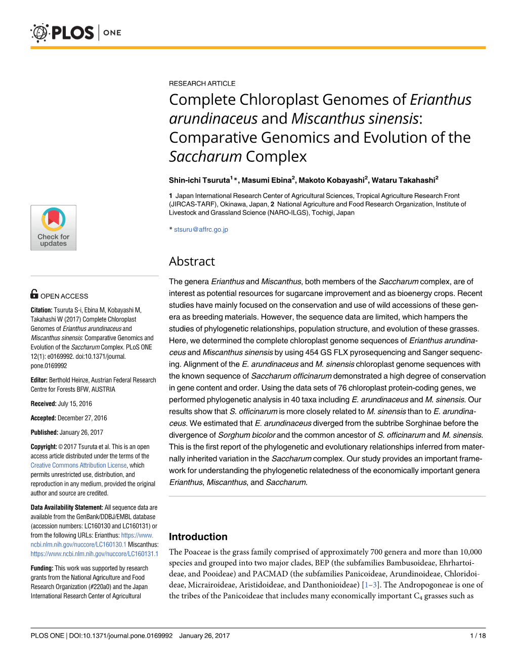 Complete Chloroplast Genomes of Erianthus Arundinaceus and Miscanthus Sinensis: Comparative Genomics and Evolution of the Saccharum Complex