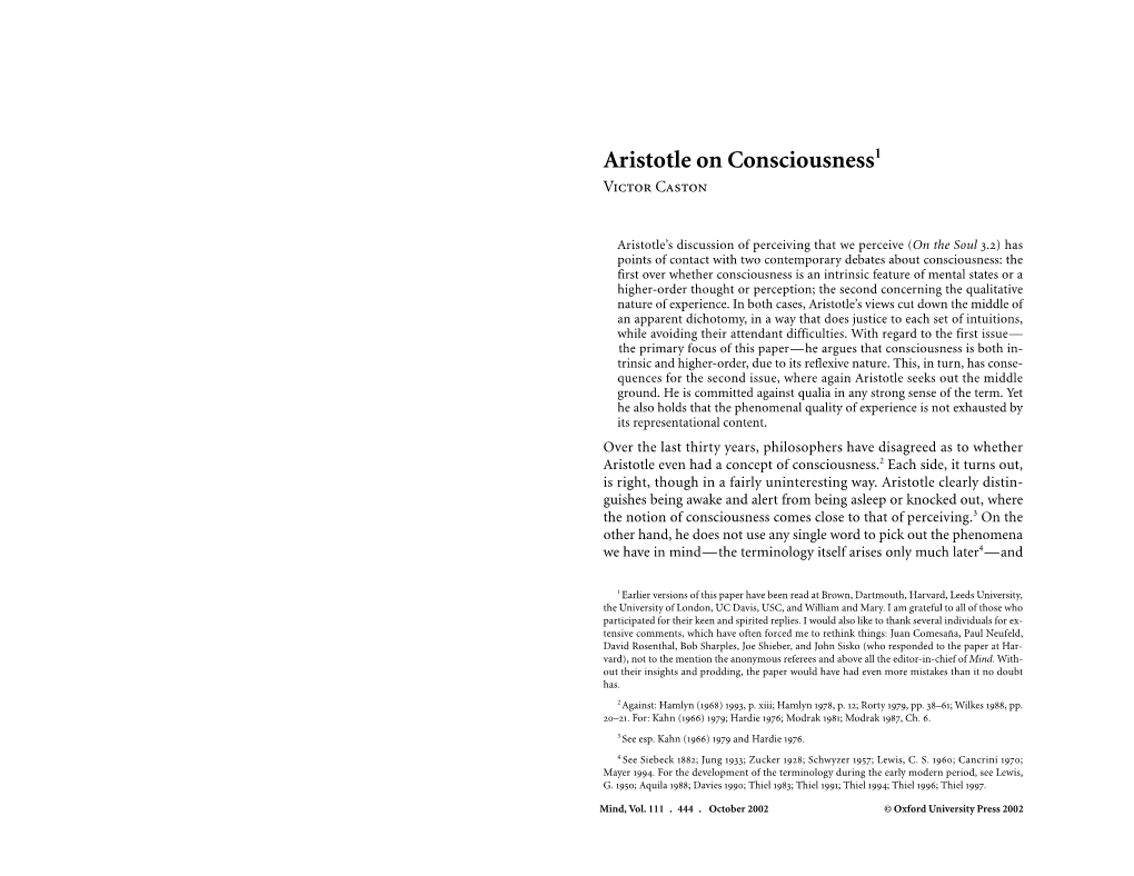 Aristotle on Consciousness1 Victor Caston