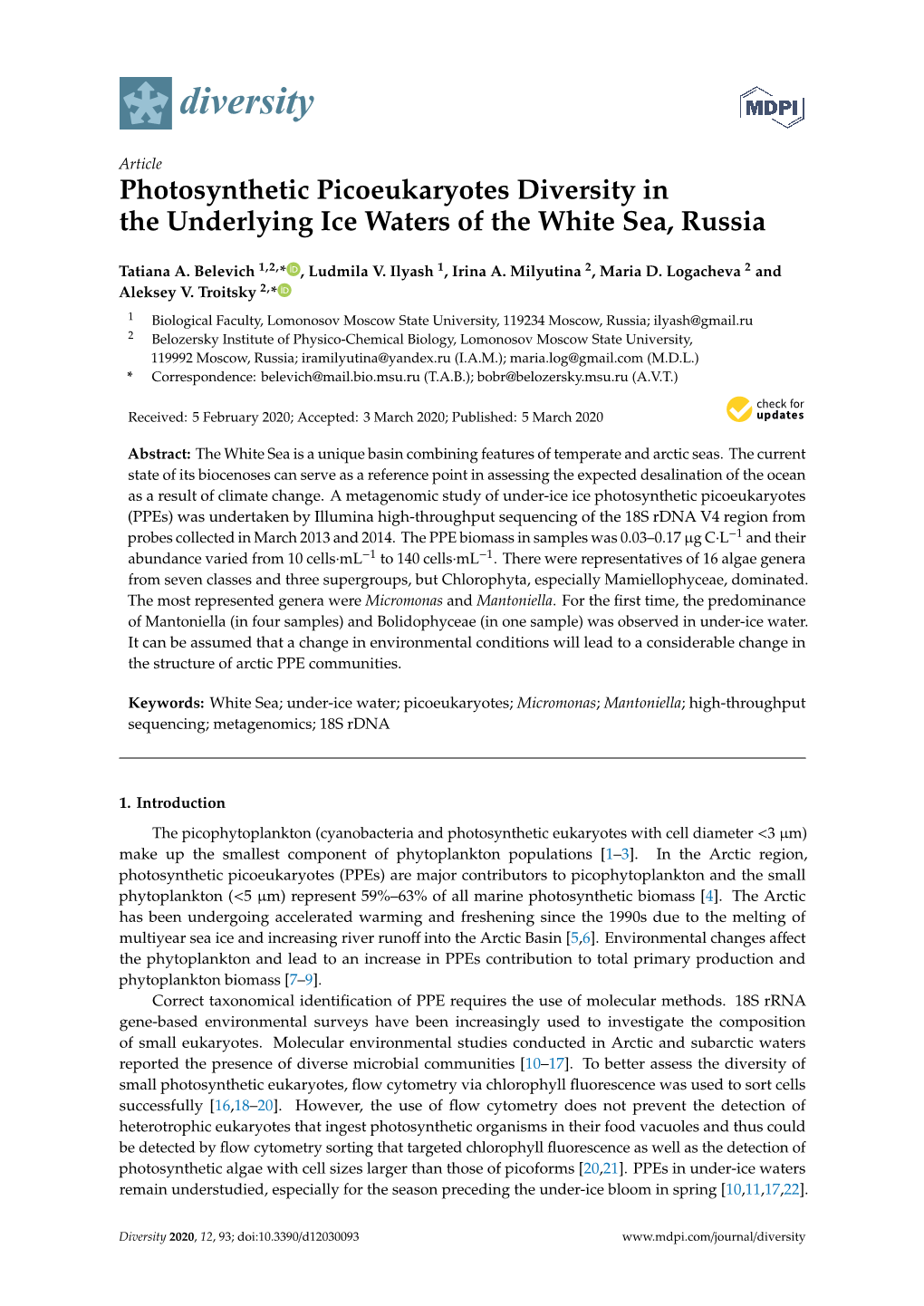 Photosynthetic Picoeukaryotes Diversity in the Underlying Ice Waters of the White Sea, Russia