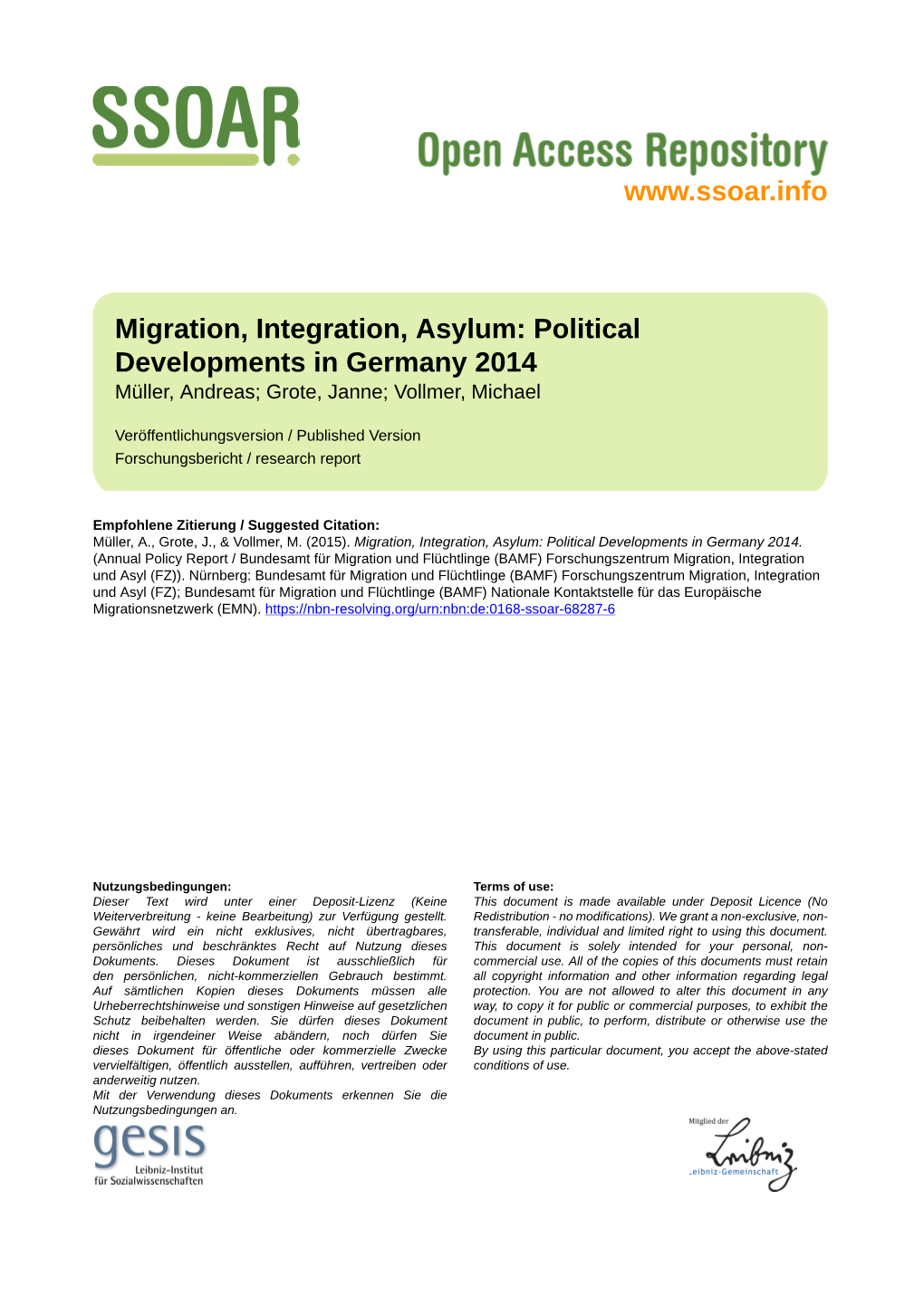 Migration, Integration, Asylum: Political Developments in Germany 2014 Müller, Andreas; Grote, Janne; Vollmer, Michael