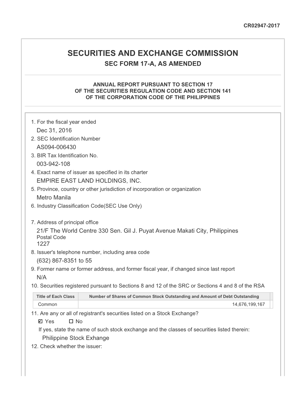 Securities and Exchange Commission Sec Form 17-A, As Amended