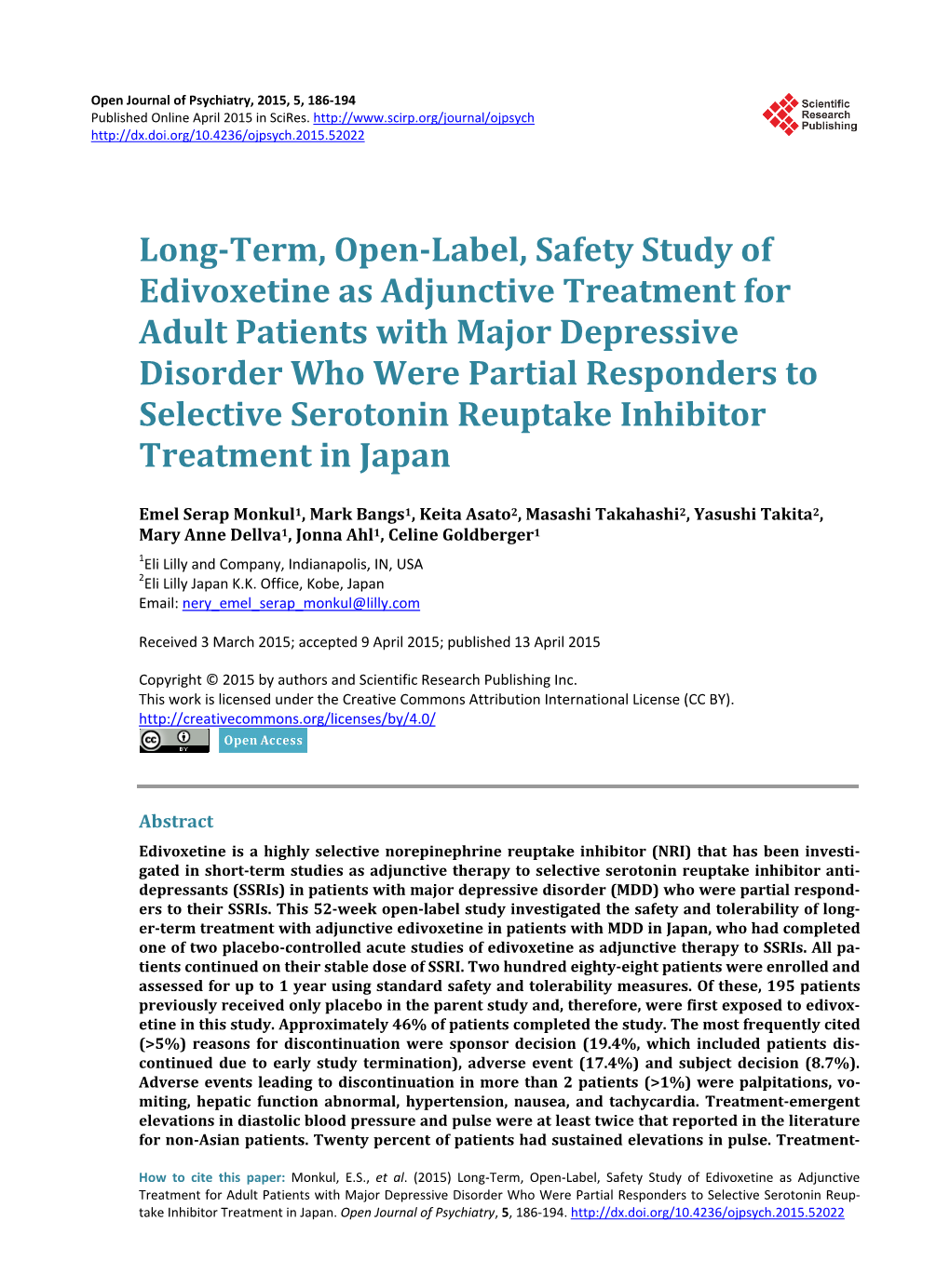 Long-Term, Open-Label, Safety Study of Edivoxetine As Adjunctive