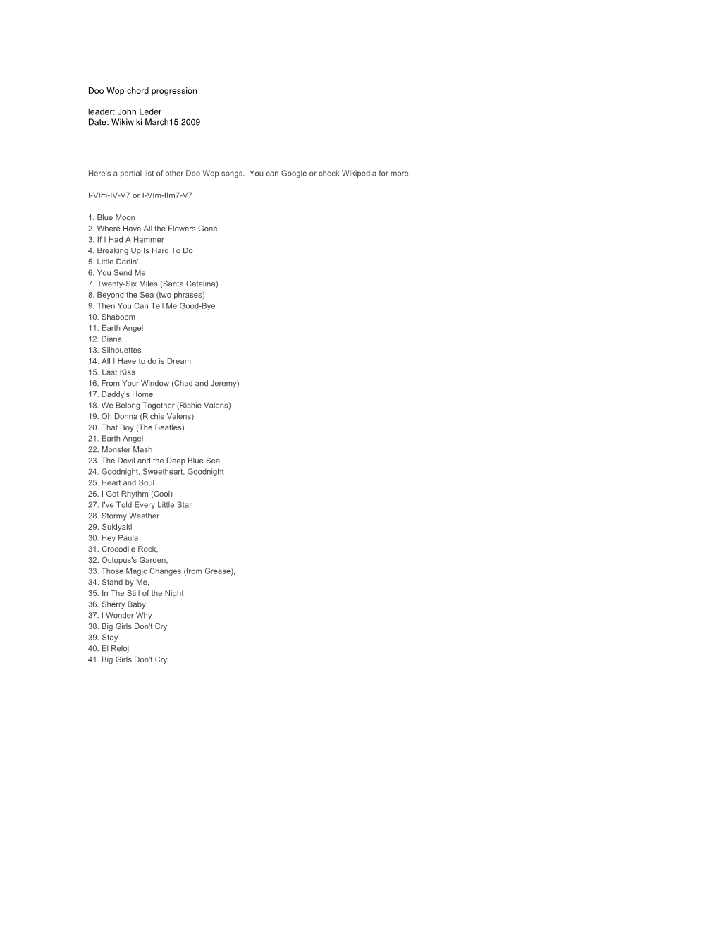 Doo Wop Chord Progression Leader: John Leder Date: Wikiwiki March15 2009