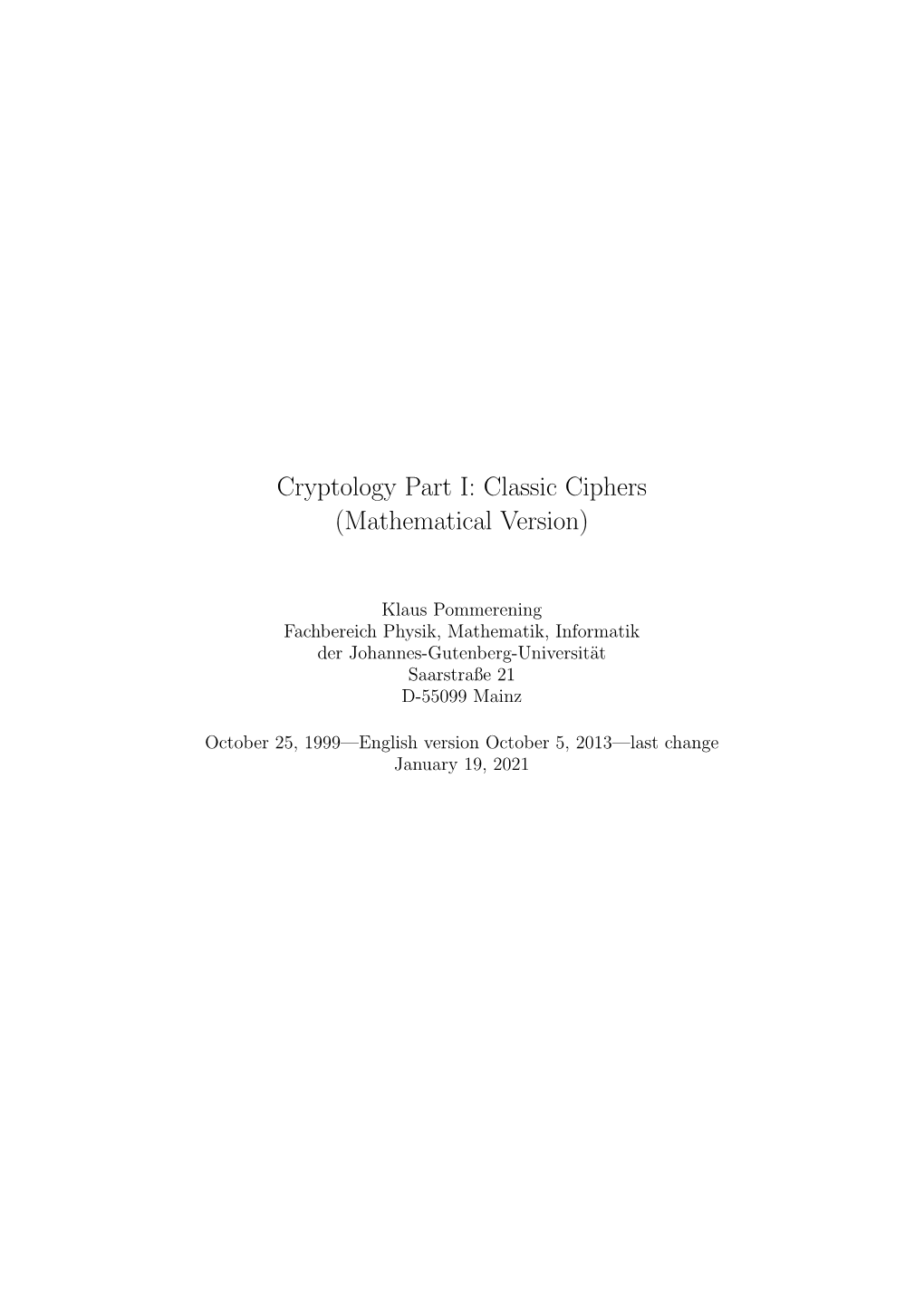 Classic Ciphers (Mathematical Version)