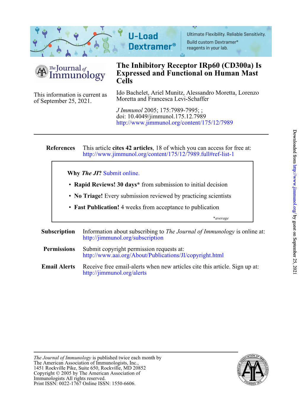 Cells Expressed and Functional on Human Mast the Inhibitory Receptor Irp60 (Cd300a) Is