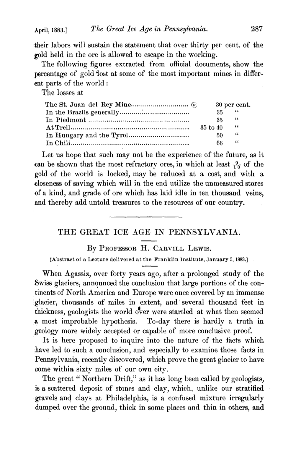 The Great Ice Age in Pennsylvania. 287 Their Labors Will Sustain the Statement That Over Thirty Per Cent