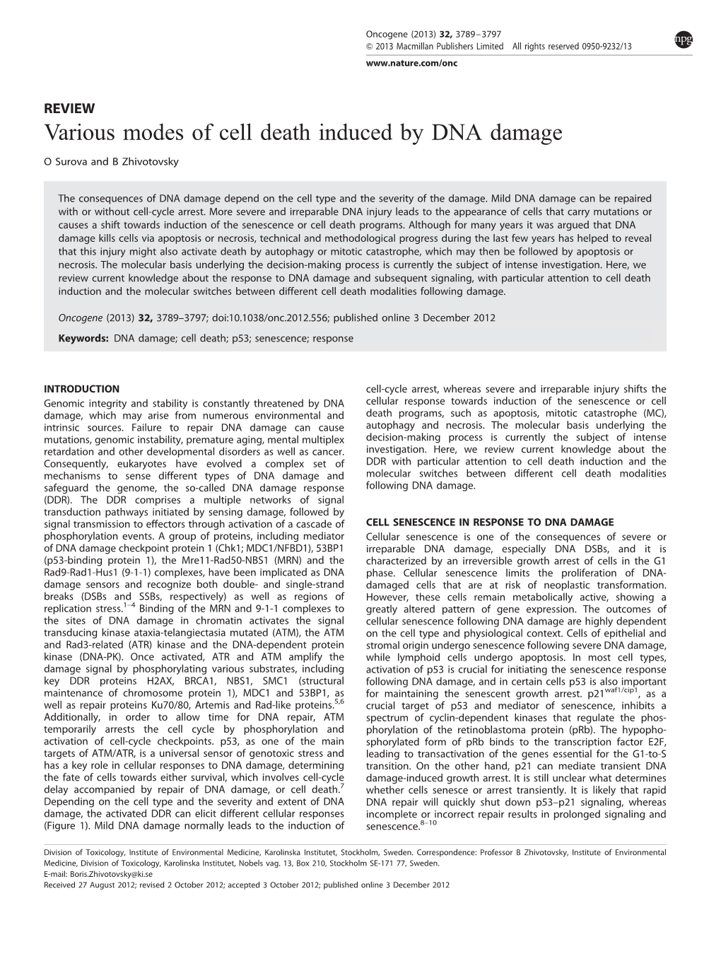 Various Modes of Cell Death Induced by DNA Damage