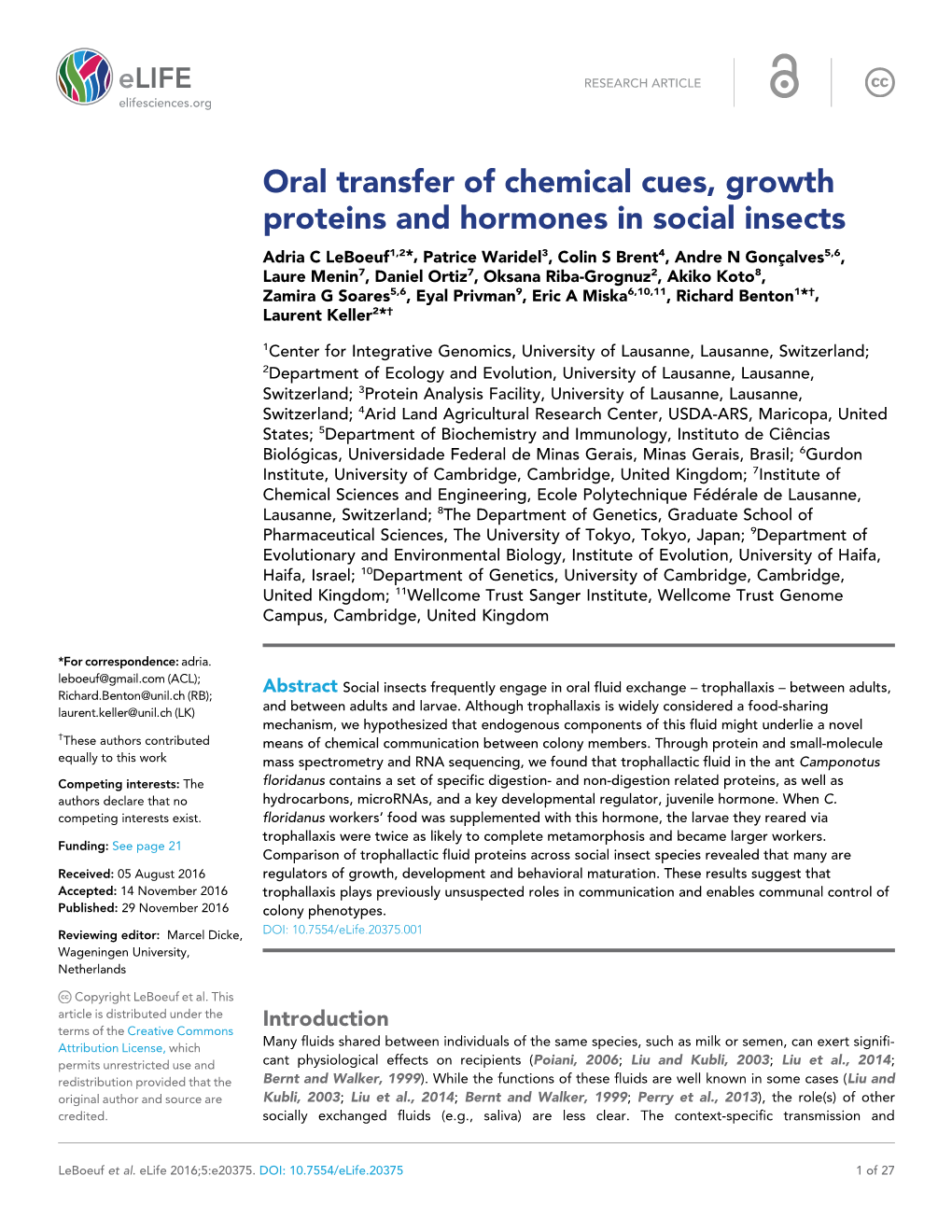 Oral Transfer of Chemical Cues, Growth Proteins and Hormones in Social