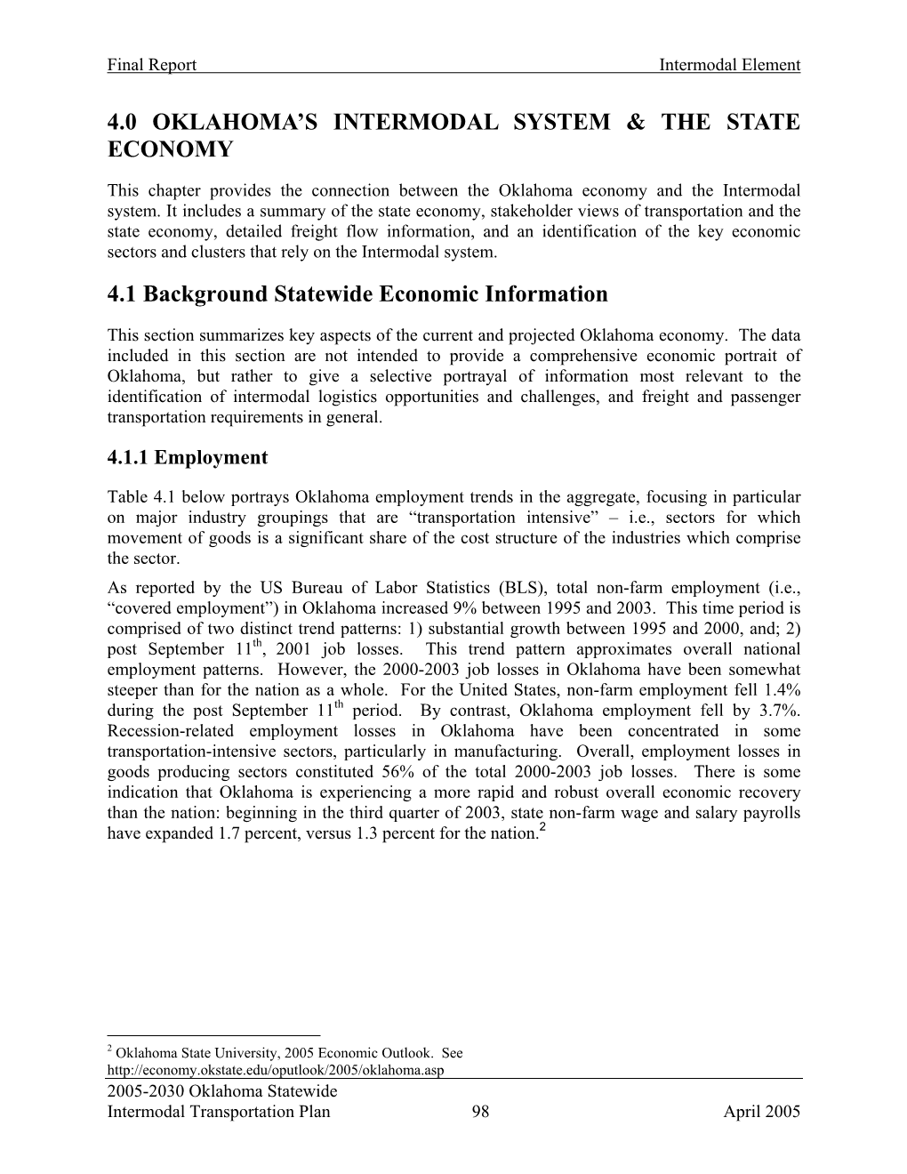 4.0 Oklahoma's Intermodal System & the State Economy