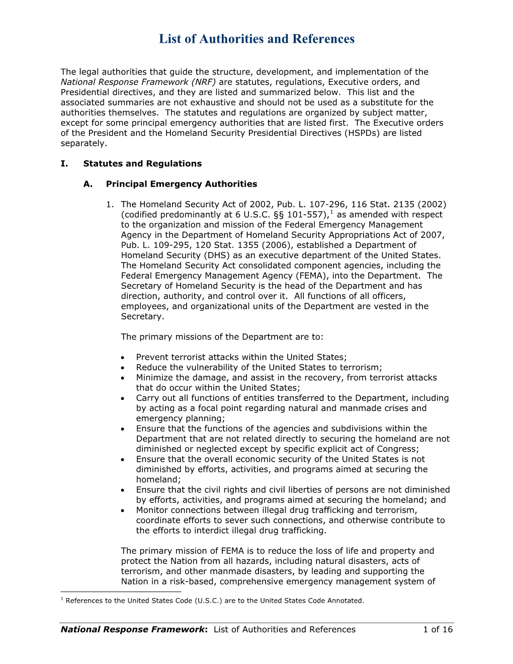 National Response Framework—List of Authorities and References