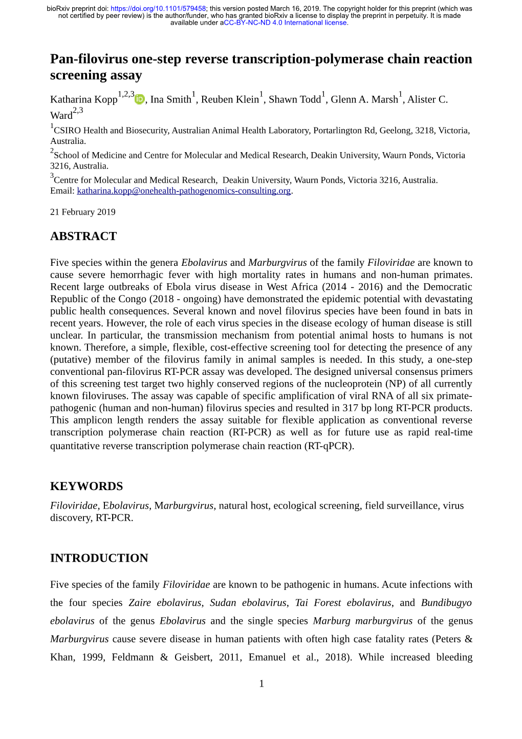 Pan-Filovirus One-Step Reverse Transcription-Polymerase Chain Reaction Screening Assay 1,2,3 1 1 1 1 Katharina Kopp , Ina Smith , Reuben Klein , Shawn Todd , Glenn A