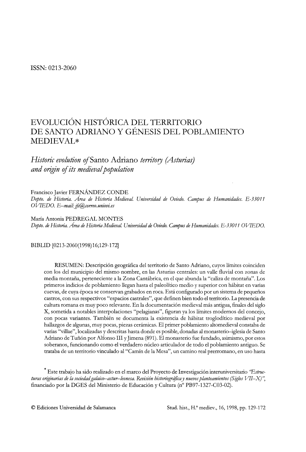 Evolución Histórica Del Territorio De Santo Adriano Y Génesis Del Poblamiento Medieval*