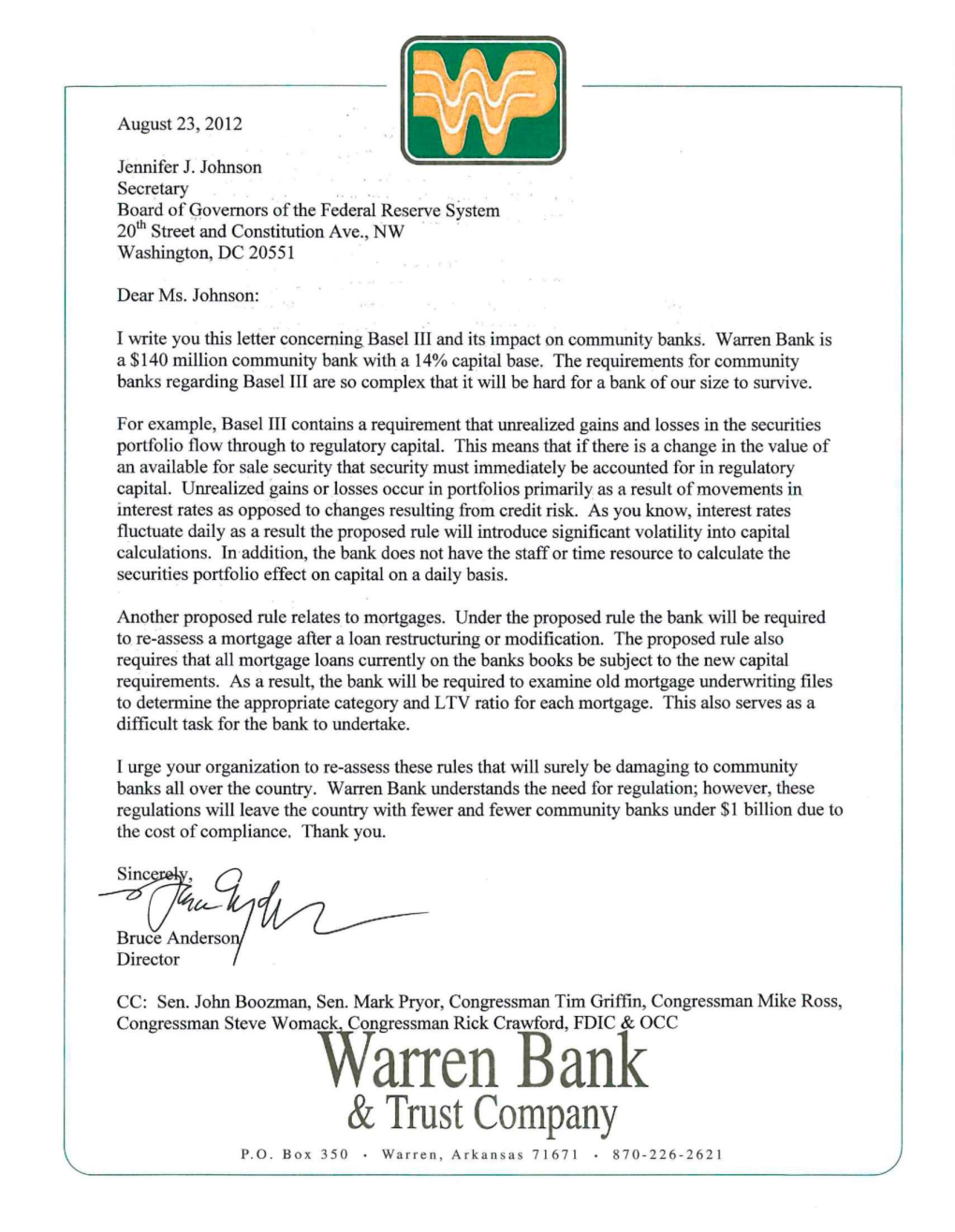 Warren Bank Is a $140 Million Community Bank with a 14% Capital Base