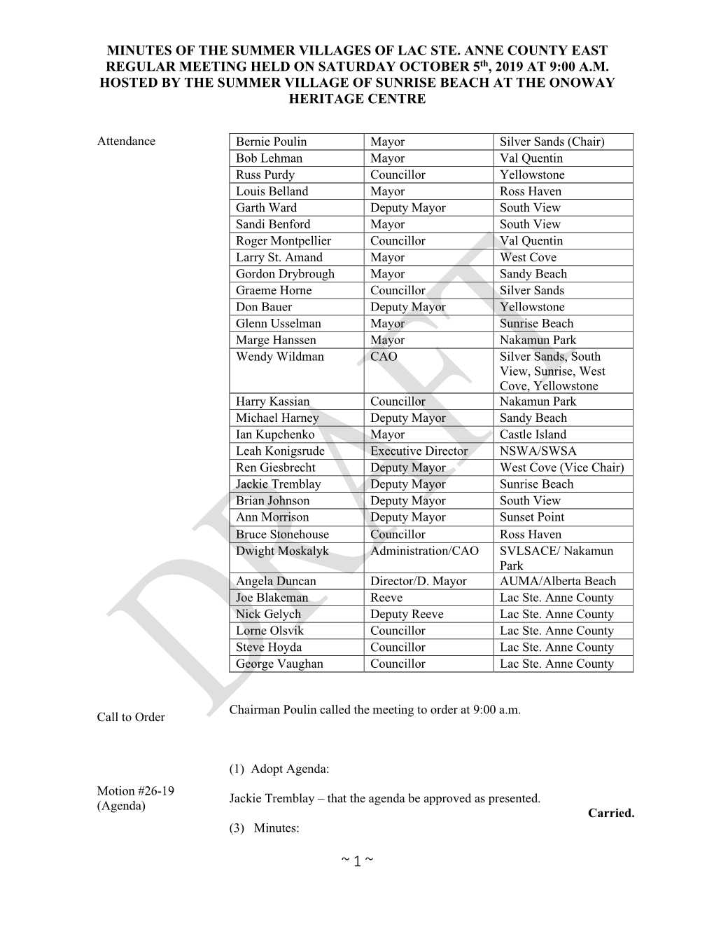 MINUTES of the SUMMER VILLAGES of LAC STE. ANNE COUNTY EAST REGULAR MEETING HELD on SATURDAY OCTOBER 5Th, 2019 at 9:00 A.M. HOST