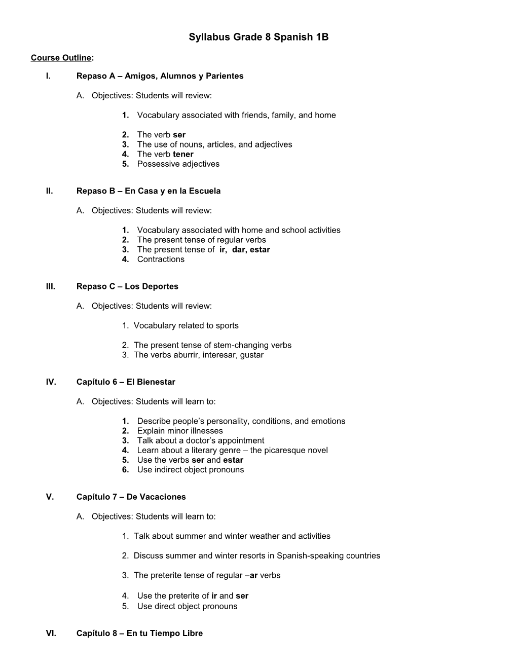 Syllabus Grade 8 Spanish 1B