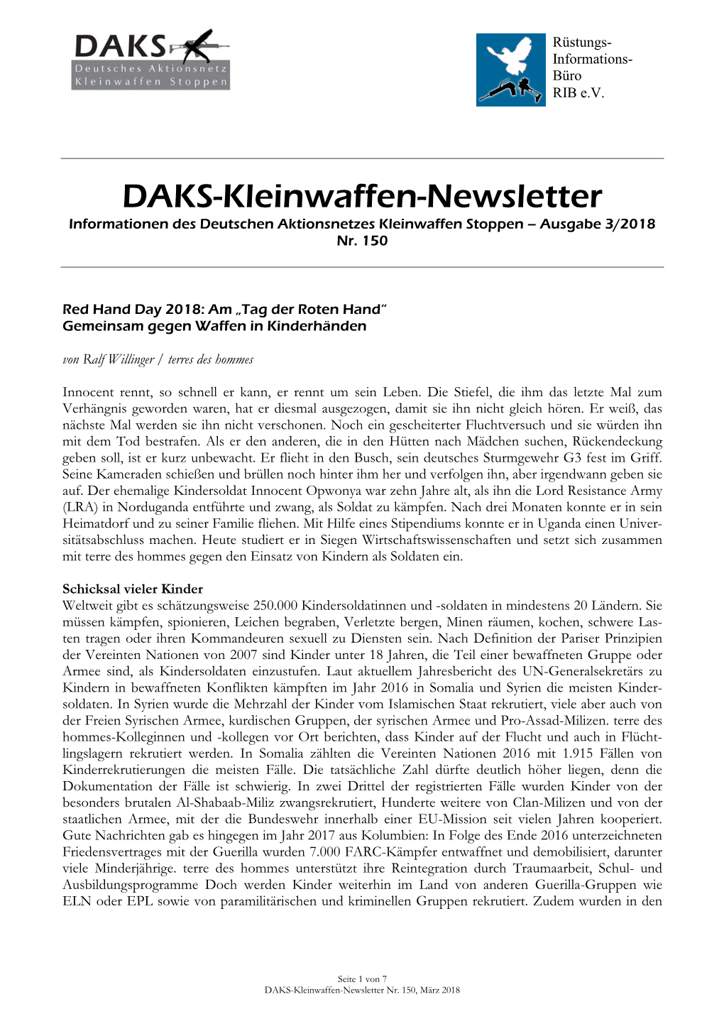 DAKS-Kleinwaffen-Newsletter Informationen Des Deutschen Aktionsnetzes Kleinwaffen Stoppen – Ausgabe 3/2018 Nr