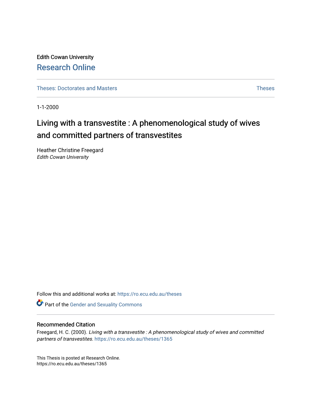 Living with a Transvestite : a Phenomenological Study of Wives and Committed Partners of Transvestites