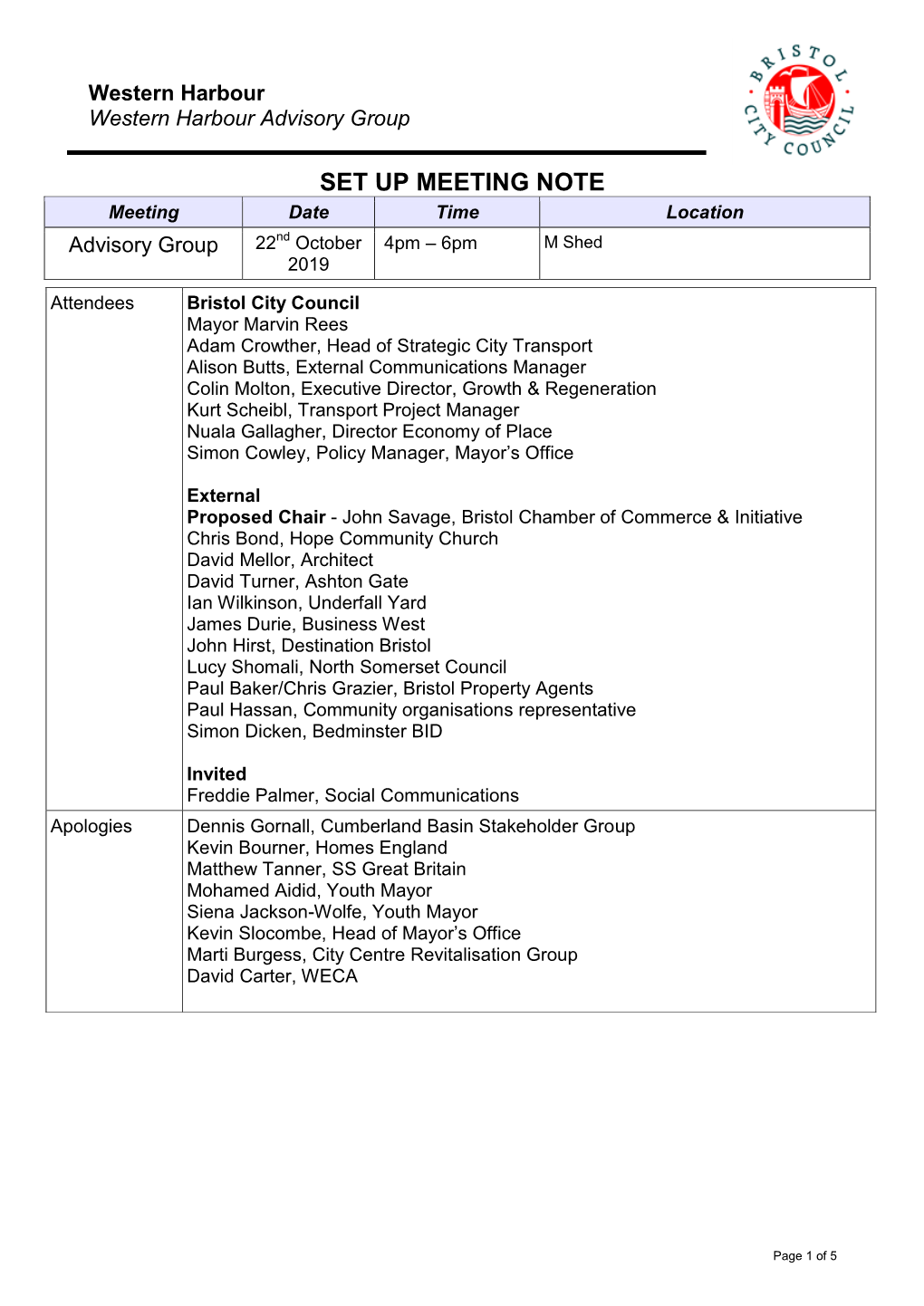 SET up MEETING NOTE Meeting Date Time Location Nd Advisory Group 22 October 4Pm – 6Pm M Shed 2019