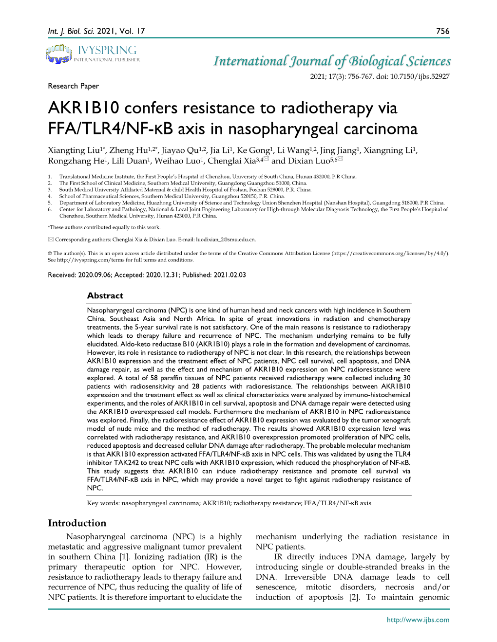 AKR1B10 Confers Resistance to Radiotherapy Via FFA/TLR4/NF-Κb