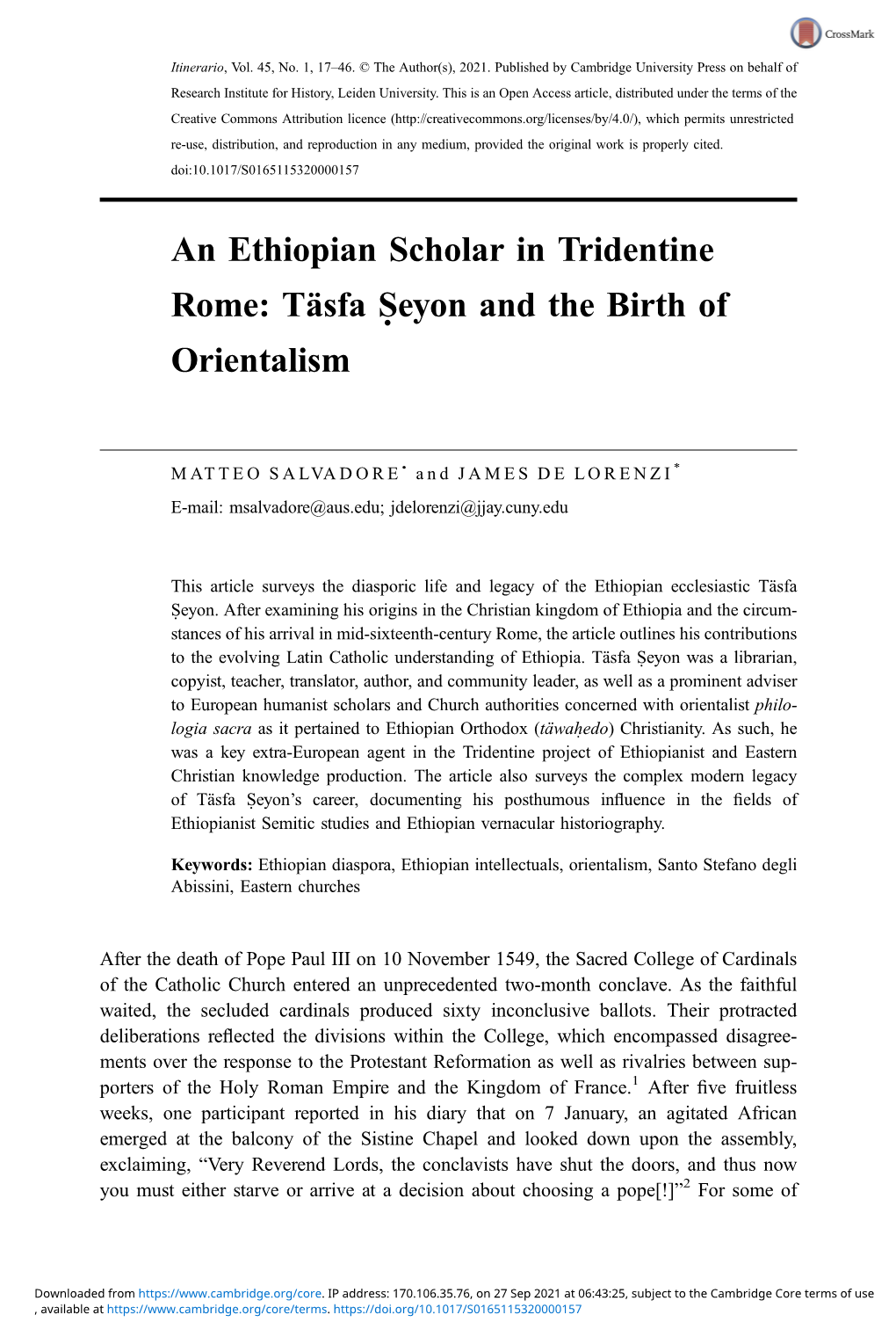 An Ethiopian Scholar in Tridentine Rome: Täsfa Seyoṇ and the Birth of Orientalism