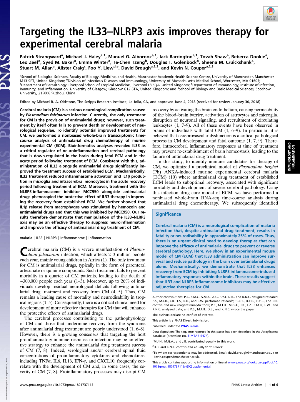 Targeting the IL33–NLRP3 Axis Improves Therapy for Experimental Cerebral Malaria