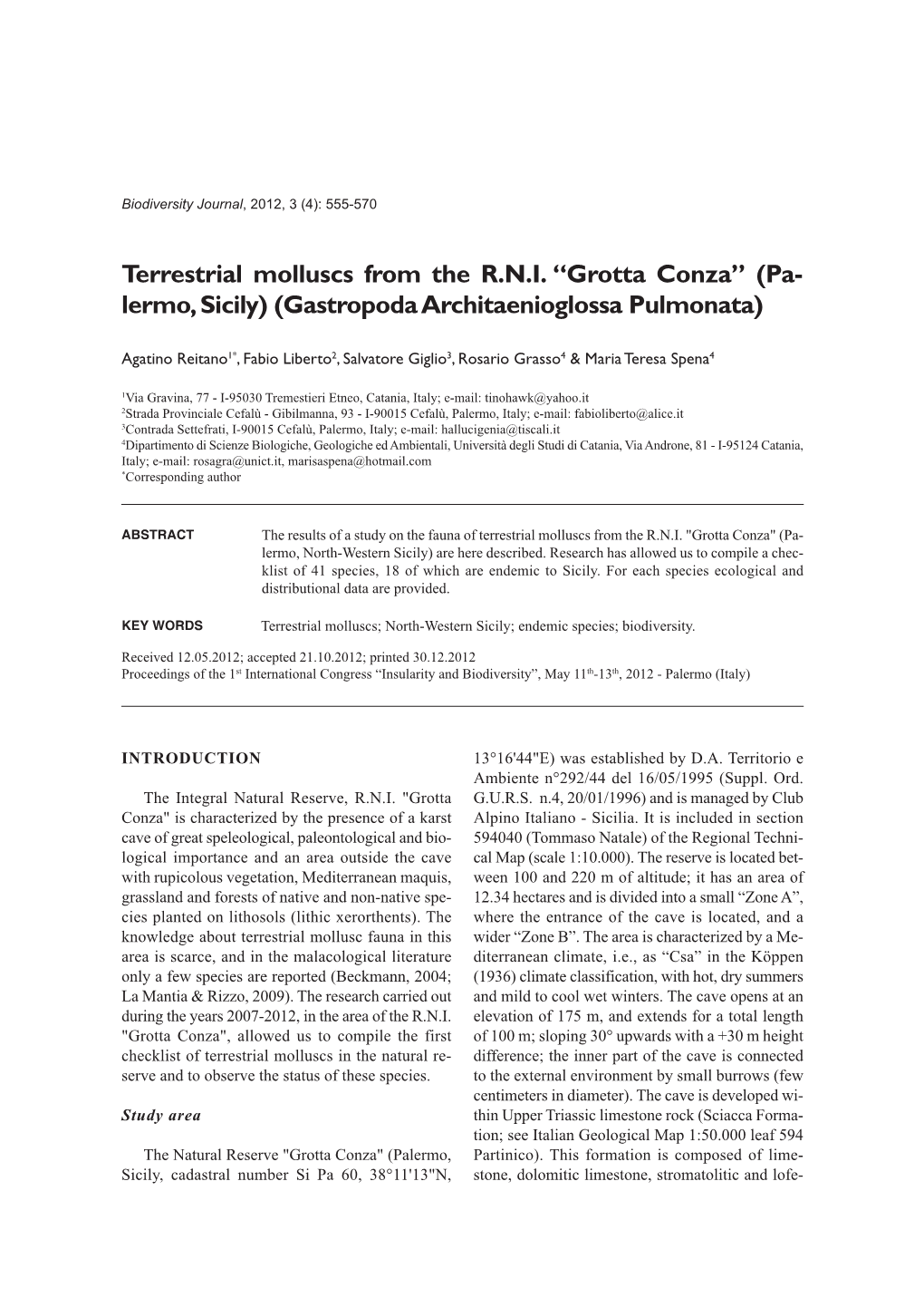 Terrestrial Molluscs from the RNI “Grotta Conza”