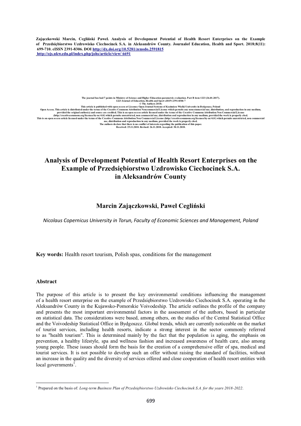 Analysis of Development Potential of Health Resort Enterprises on the Example of Przedsiębiorstwo Uzdrowisko Ciechocinek S.A