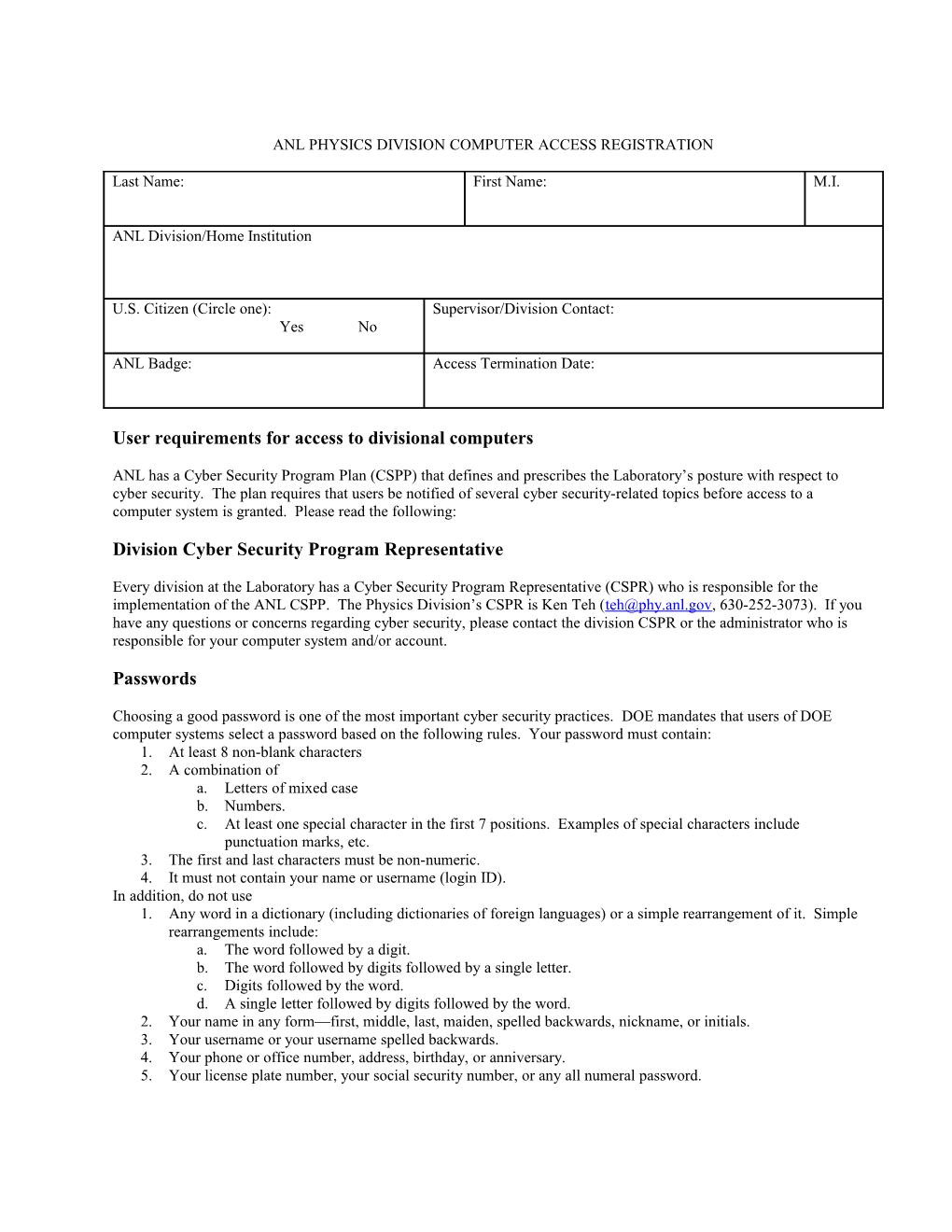 Anl Physics Division Computer Access Registration