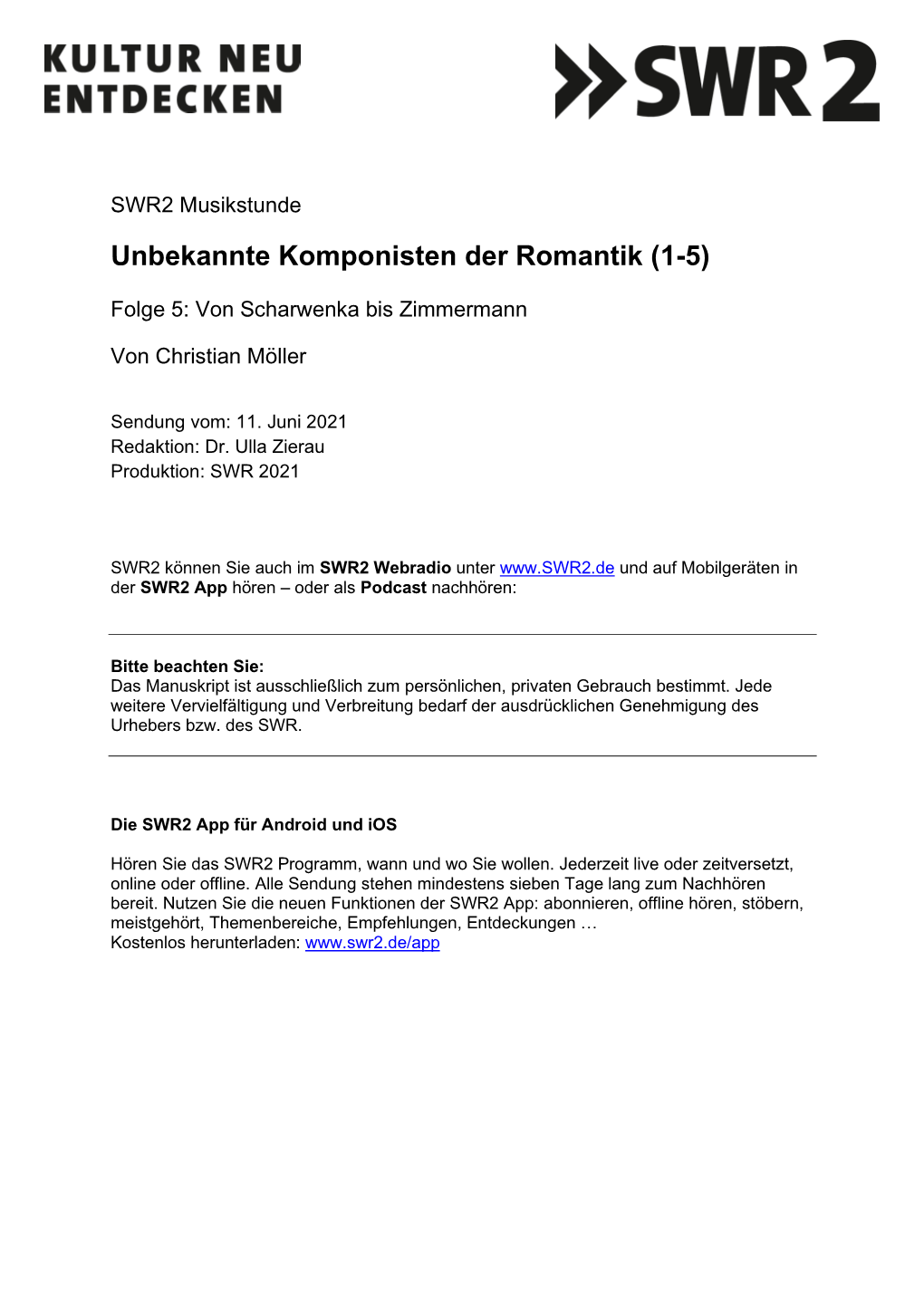 SWR2 Musikstunde Unbekannte Komponisten Der Romantik (1-5)