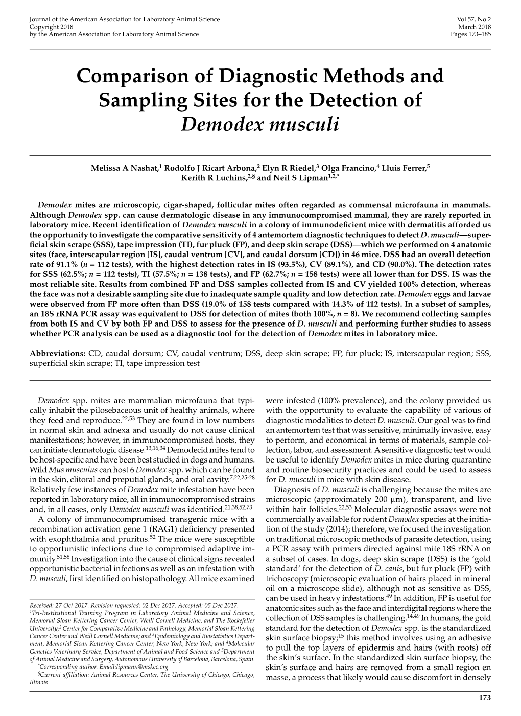 Comparison of Diagnostic Methods and Sampling Sites for the Detection of Demodex Musculi