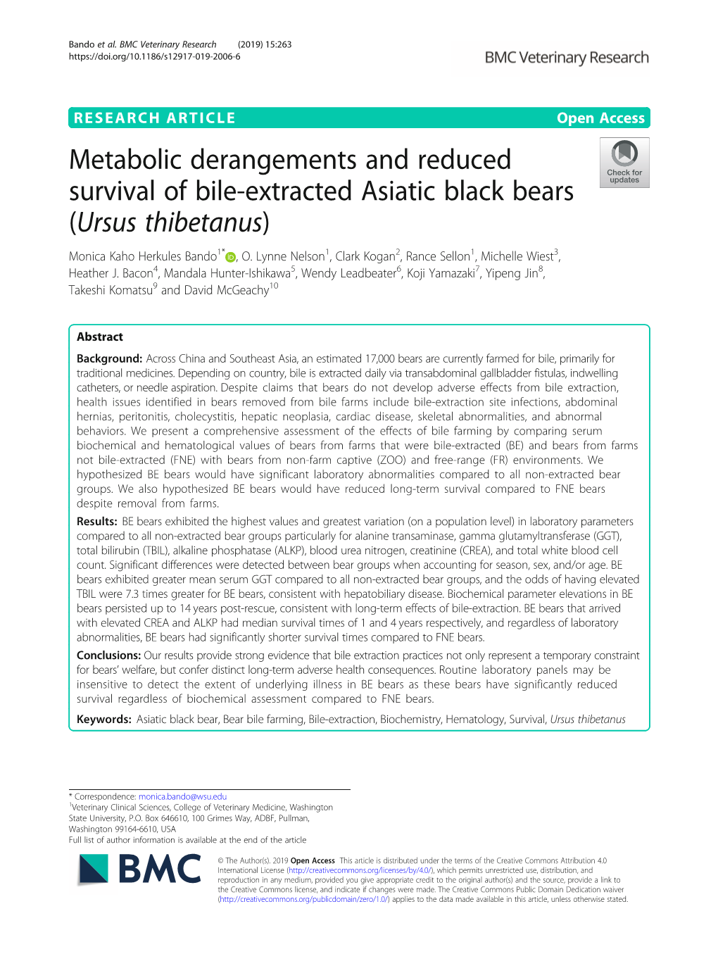 Metabolic Derangements and Reduced Survival of Bile-Extracted Asiatic Black Bears (Ursus Thibetanus) Monica Kaho Herkules Bando1* , O