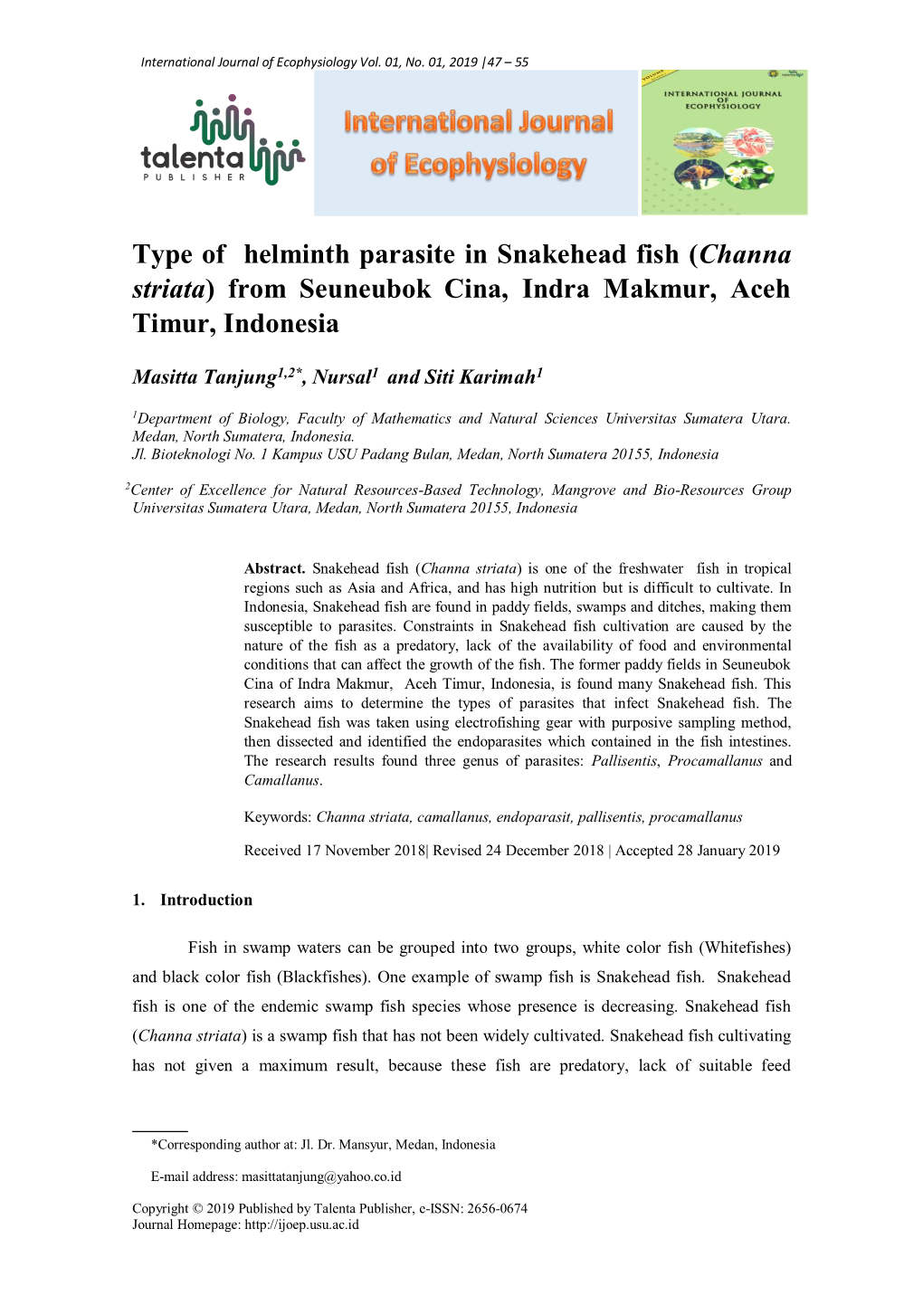 Type of Helminth Parasite in Snakehead Fish (Channa Striata) from Seuneubok Cina, Indra Makmur, Aceh Timur, Indonesia