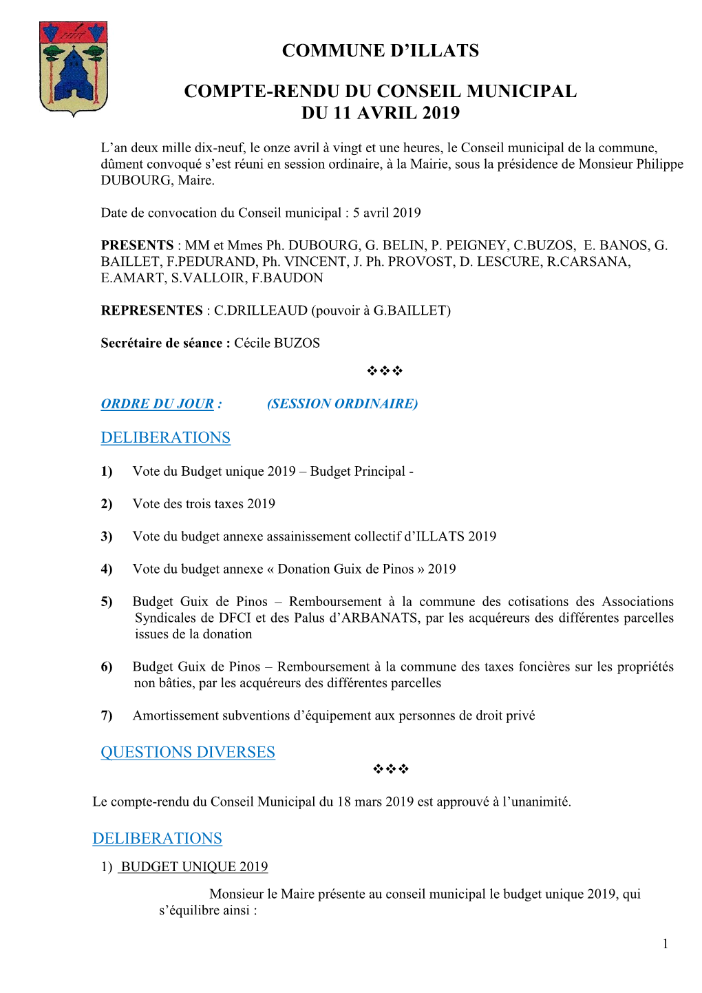 Commune D'illats Compte-Rendu Du Conseil Municipal Du 11 Avril 2019
