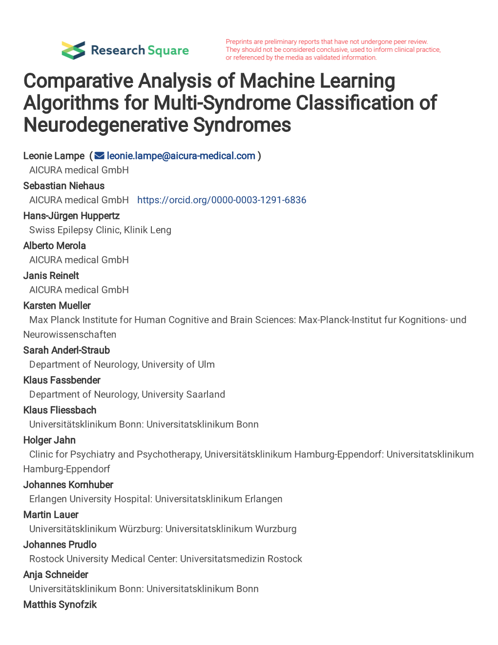 Comparative Analysis of Machine Learning Algorithms for Multi-Syndrome Classi�Cation of Neurodegenerative Syndromes