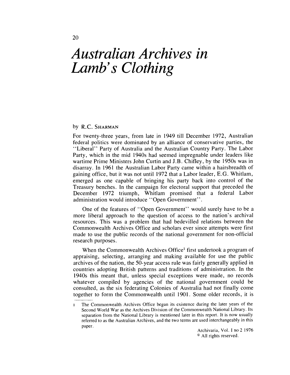 Australian Archives in Lamb's Clothing