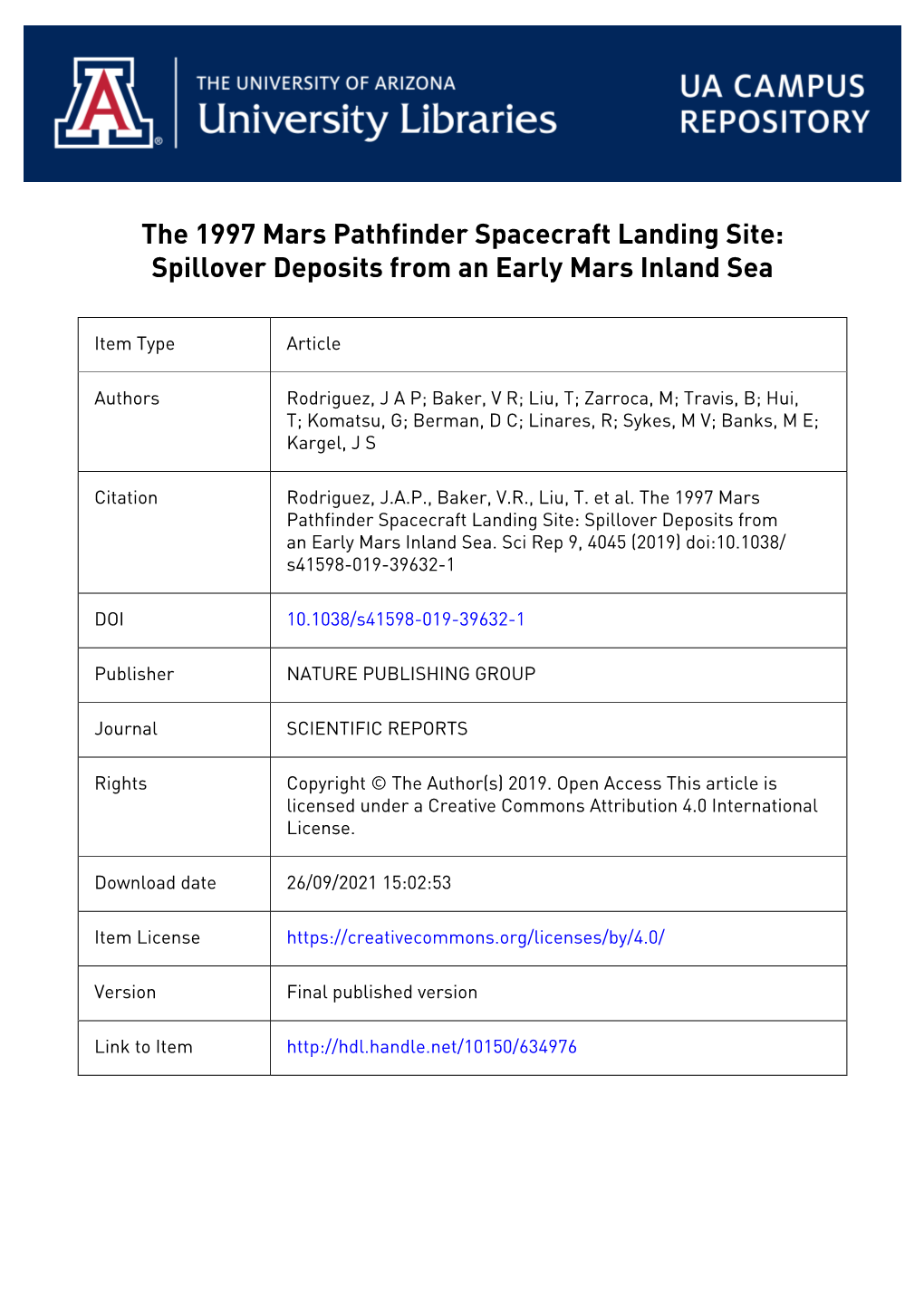 The 1997 Mars Pathfinder Spacecraft Landing Site: Spillover Deposits from an Early Mars Inland Sea