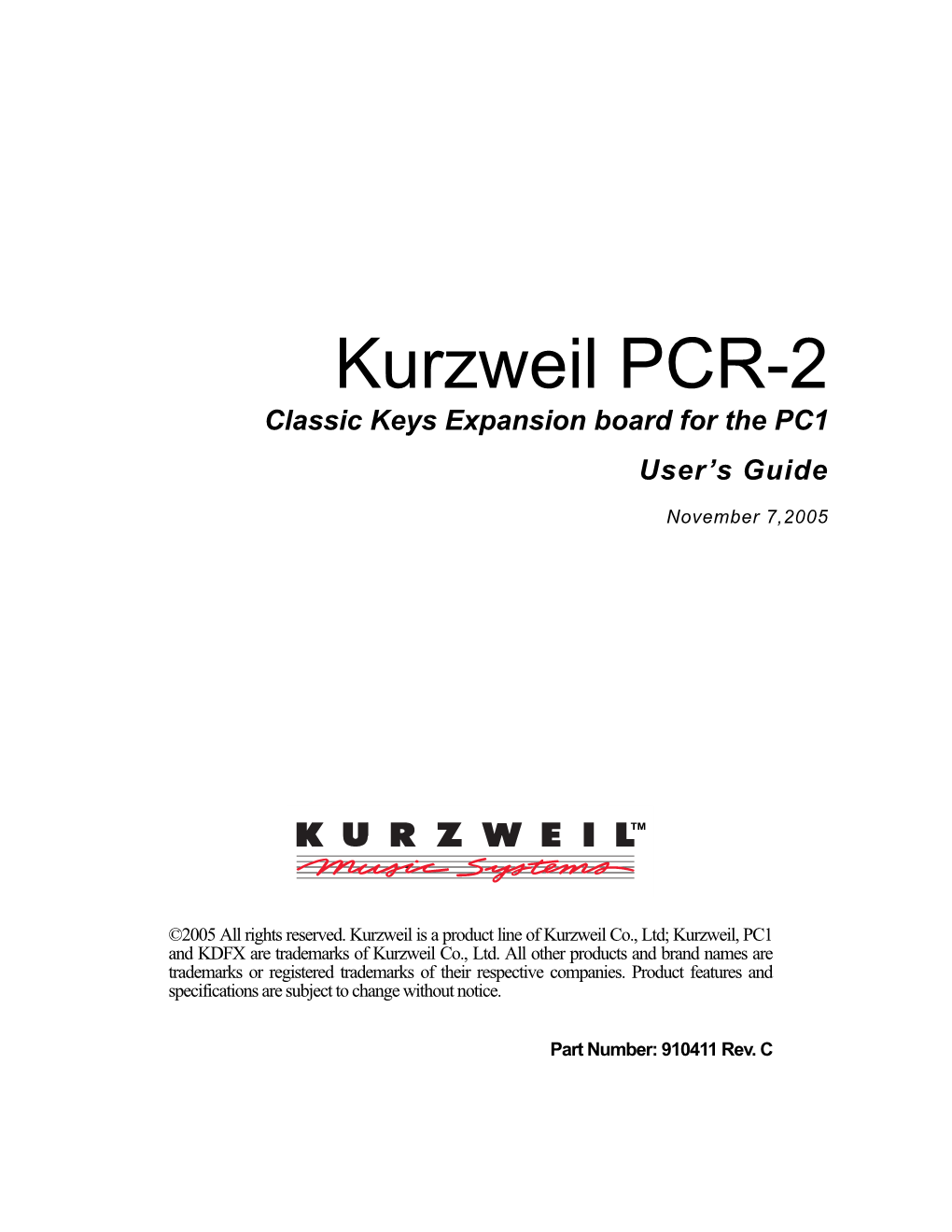 Kurzweil PCR-2 Classic Keys Expansion Board for the PC1 User’S Guide
