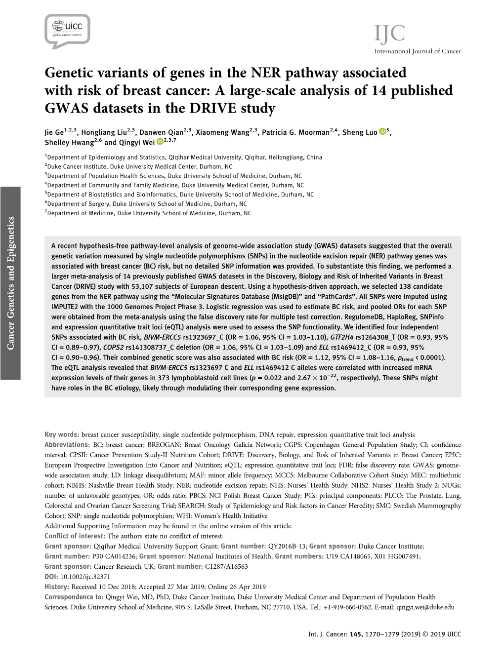 Genetic Variants of Genes in the NER Pathway Associated with Risk of Breast Cancer: a Large-Scale Analysis of 14 Published GWAS Datasets in the DRIVE Study
