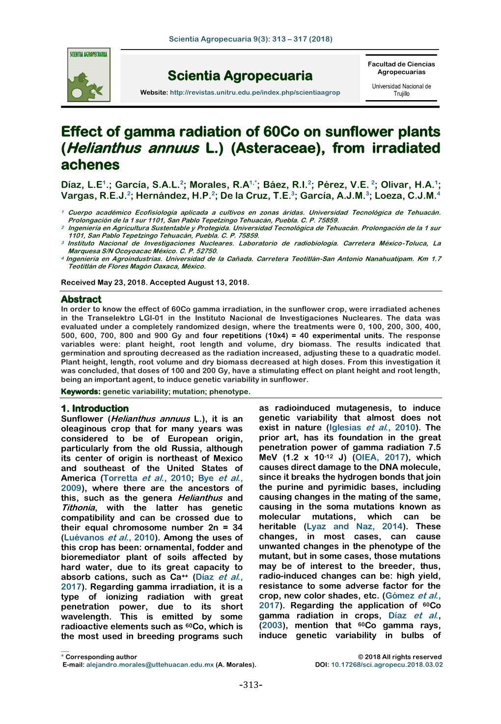 Effect of Gamma Radiation of 60Co on Sunflower Plants (Helianthus Annuus L.) (Asteraceae), from Irradiated Achenes