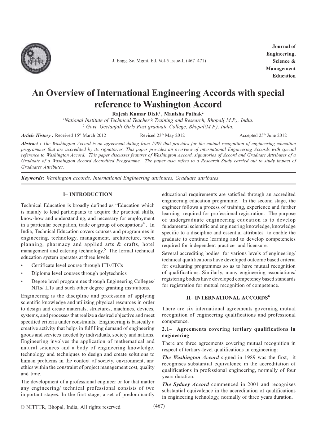 An Overview of International Engineering Accords with Special