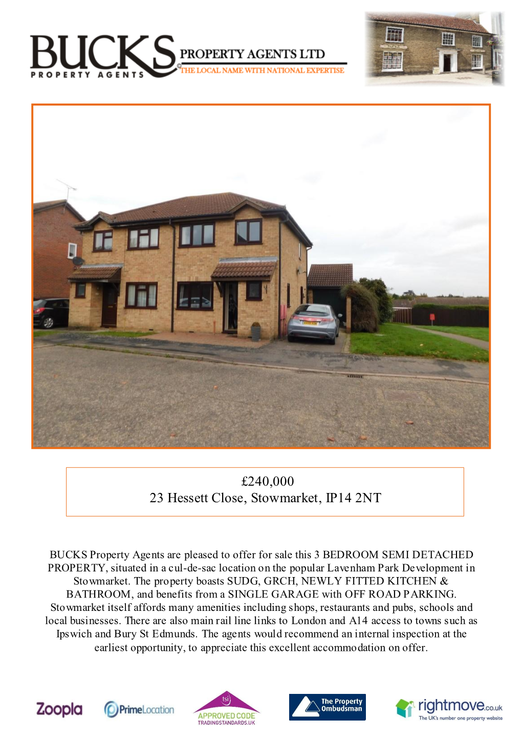 £240,000 23 Hessett Close, Stowmarket, IP14 2NT