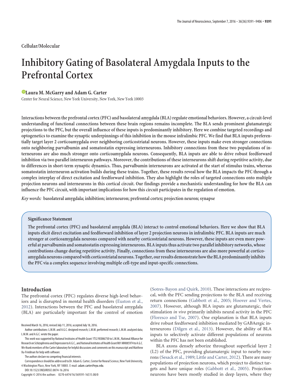 Inhibitory Gating of Basolateral Amygdala Inputs to the Prefrontal Cortex